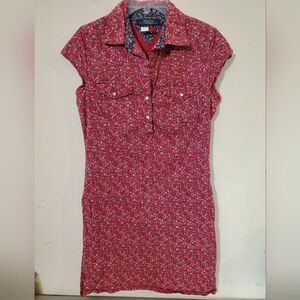 Tommy Hilfiger Red Floral Mini Shirt Dress Cap Sleeve Snap Buttons Medium 90s